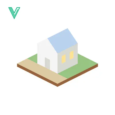 Isometric White House with Yellow Windows on Green Grass and Path