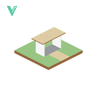 Isometric illustration of a simple bus stop shelter on a green square with a path
