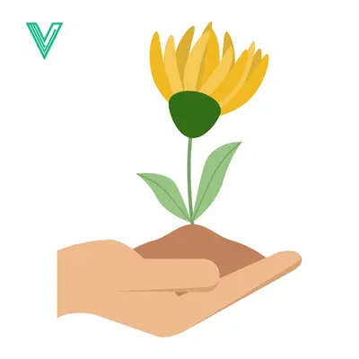 Hand holding a young plant with a yellow flower growing from soil