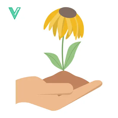 Hand holding a blooming yellow flower seedling in soil