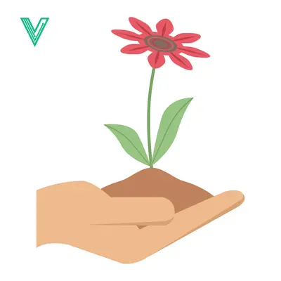 Hand holding a blooming red flower seedling in soil