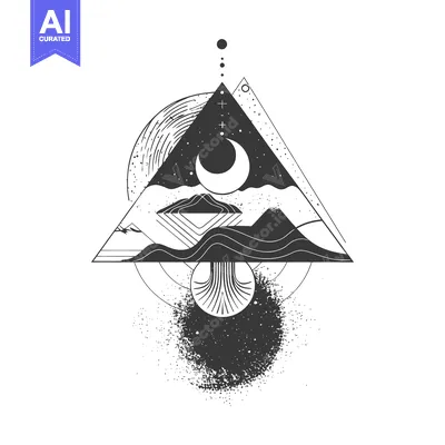 Abstract Geometric Design with Crescent Moon and Mountains