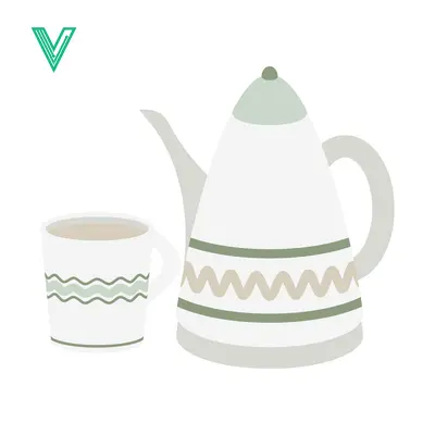 Minimalist illustration of a teapot and cup with wavy green and gray patterns