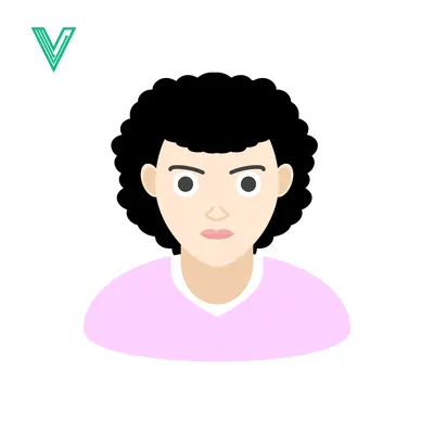 Illustration of a person with curly black hair and a serious expression wearing a pink shirt
