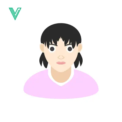 Illustration of a young girl with black hair and pigtails wearing a pink shirt looking serious