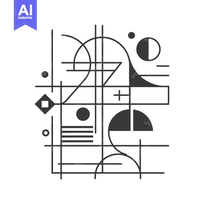 Abstract geometric design with lines, circles, and squares