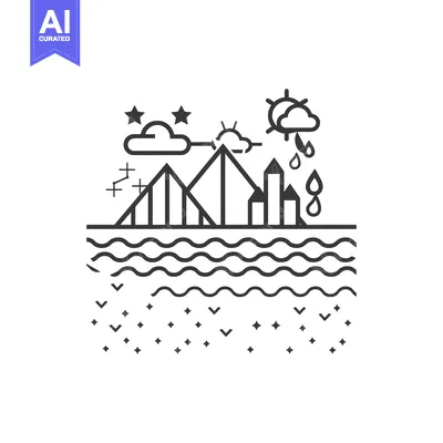 Aset desain premium: Abstract Geometric Landscape with Sun, Rain, and Stars