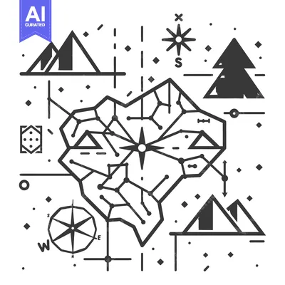 Aset premium populer: Abstract Geometric Mountain Range with Compass and Navigation Symbols