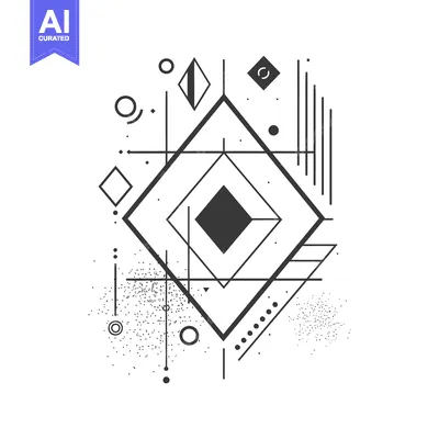 Aset desain premium: Abstract geometric pattern with black lines and shapes on a white back