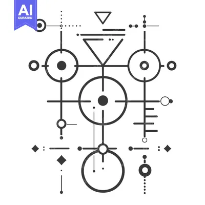 Aset desain premium: Abstract Geometric Pattern with Circles, Triangles, and Lines