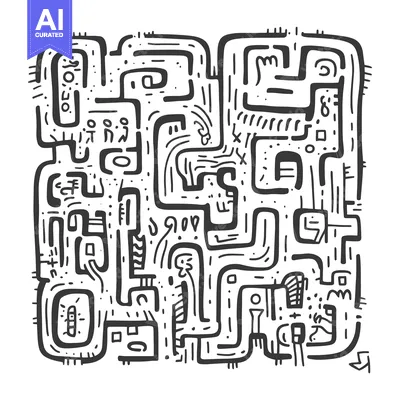 Aset desain premium: Abstract Hand-Drawn Black and White Maze with Geometric Shapes and Lin