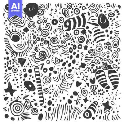 Aset desain premium: Abstract Hand-Drawn Black and White Pattern with Various Shapes and Li