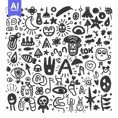 Popular premium asset: Abstract Hand-Drawn Doodle Pattern with Various Shapes and Symbols