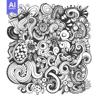 Aset desain premium: Abstract Hand-Drawn Monochrome Floral Design with Swirls and Circles