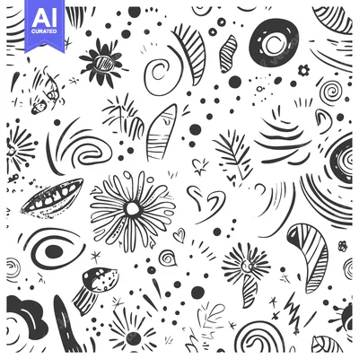 Aset premium populer: Abstract Hand-Drawn Pattern with Floral and Geometric Elements