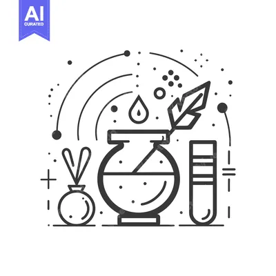 Aset desain premium: Abstract Illustration of a Beaker, Test Tube, and Plant with a Droplet