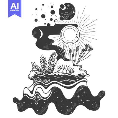 Abstract illustration of a stylized landscape with celestial elements.