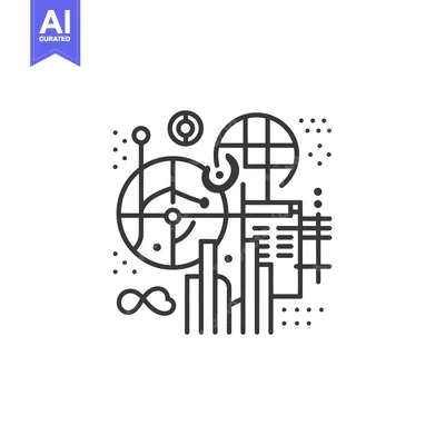 Abstract line art design with circles, infinity symbol, and bar graphs