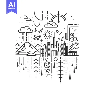Aset desain premium: Abstract Line Art Illustration Depicting Nature, Cityscape, and the Sk