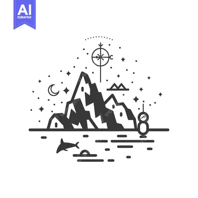 Aset desain premium: Abstract Line Art Illustration of a Mountain Landscape with a Compass,