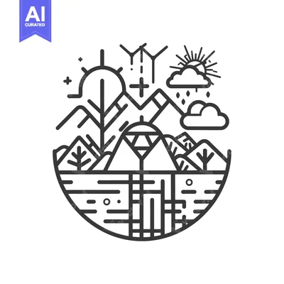 Aset premium populer: Abstract Line Art Illustration of a Mountain Landscape with Sun, Cloud