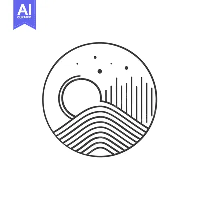Aset desain premium: Abstract Line Art Illustration of Sun, Hills and Sky