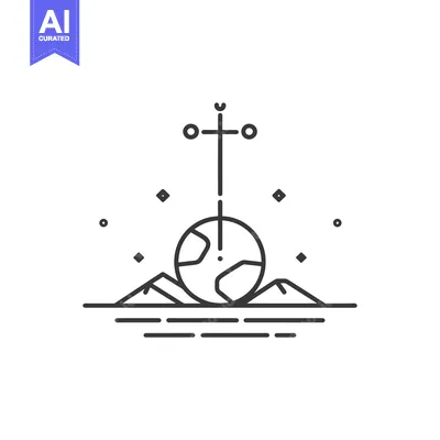 Abstract Line Art of a Globe with a Cross and Mountains
