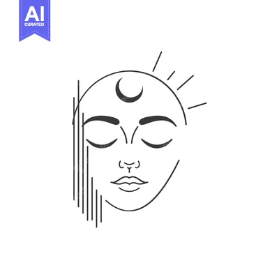 Aset premium populer: Abstract Line Art Portrait of a Person with Crescent Moon and Sun Rays
