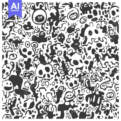 Abstract Monochrome Doodle Pattern with Various Shapes and Faces