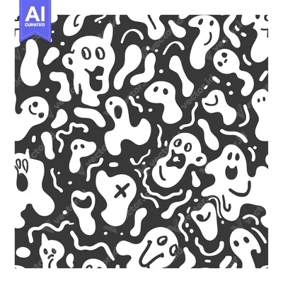 Aset desain premium: Abstract Seamless Pattern With White Ghosts On A Black Background