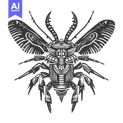 Aset desain premium: Abstract Stylized Black and White Illustration of a Beetle with Spread