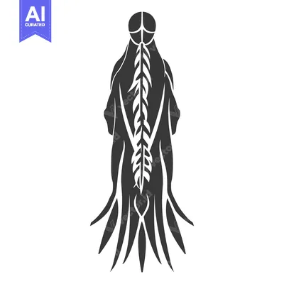 Aset desain premium: Abstract Stylized Black and White Image of a Human Figure with Long Ha