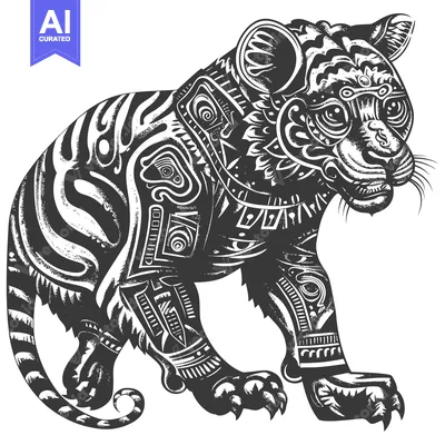 Aset desain premium: Abstract Tribal Style Black and White Illustration of a Tiger Cub