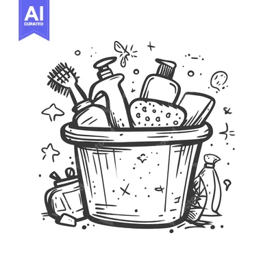 A Bucket Overflowing with Cleaning Supplies and a Scrub Brush