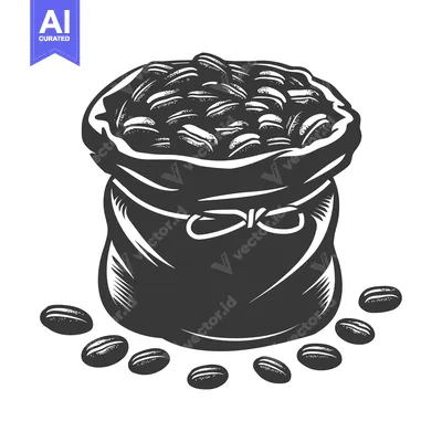 Aset premium populer: A burlap sack filled with coffee beans with scattered beans below