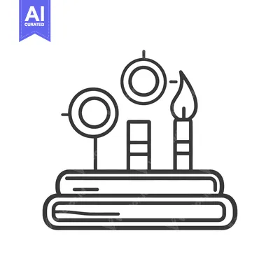 A simple line art illustration depicts a celebratory cake