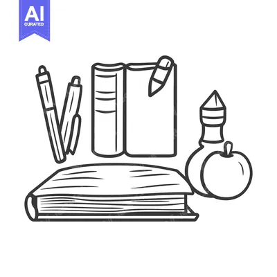 Line drawing of books pens apple and a small bottle