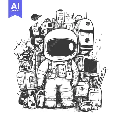 A Cartoon Astronaut Surrounded by Doodle-Like Objects