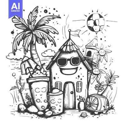 A Cartoon Beach Scene with a Smiling House Wearing Sunglasses