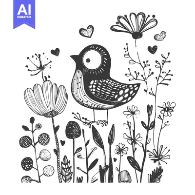 Popular premium asset: A Cartoon Bird Perched on a Branch in a Garden of Flowers and Plants
