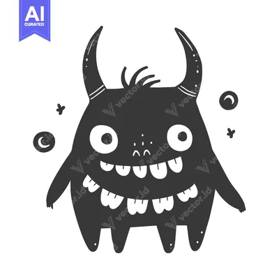 A cartoon black monster with horns, big eyes, and a wide grin