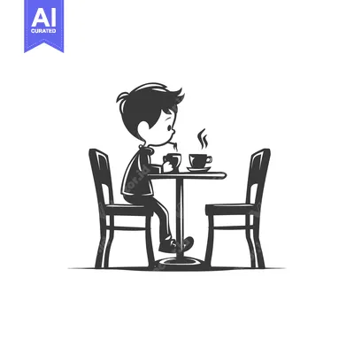 A Cartoon Boy Drinking Coffee at a Table