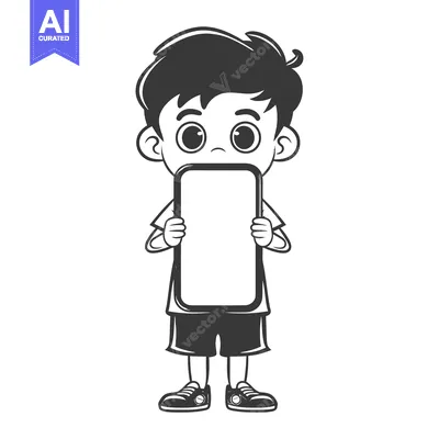 Aset desain premium: A Cartoon Boy Holding a Blank Smartphone