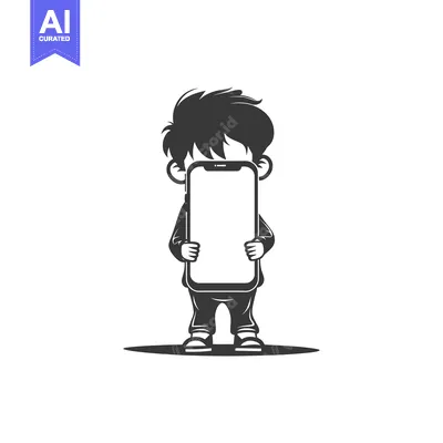 A Cartoon Boy Holding a Smartphone in Front of His Face