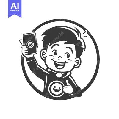 Aset premium populer: A Cartoon Boy Holding a Smartphone With a Smiley Face Icon