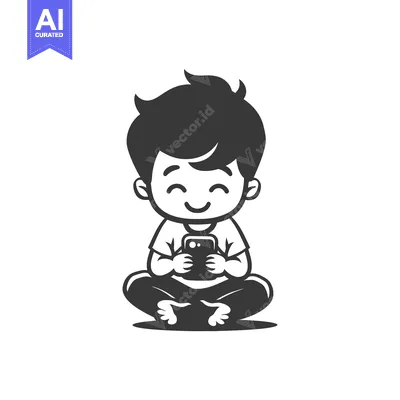 A Cartoon Boy Sitting and Holding a Smartphone