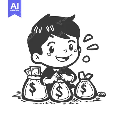 A Cartoon Boy Surrounded by Money Bags