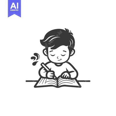 A cartoon boy writing in a notebook with a pen