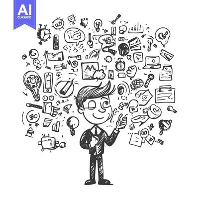Popular premium asset: A Cartoon Businessman Surrounded by Doodle Ideas and Symbols