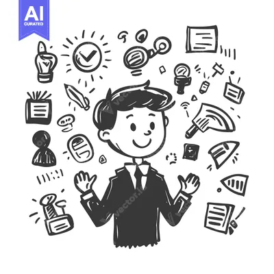 Aset premium populer: A Cartoon Businessman Surrounded by Hand-Drawn Success Symbols